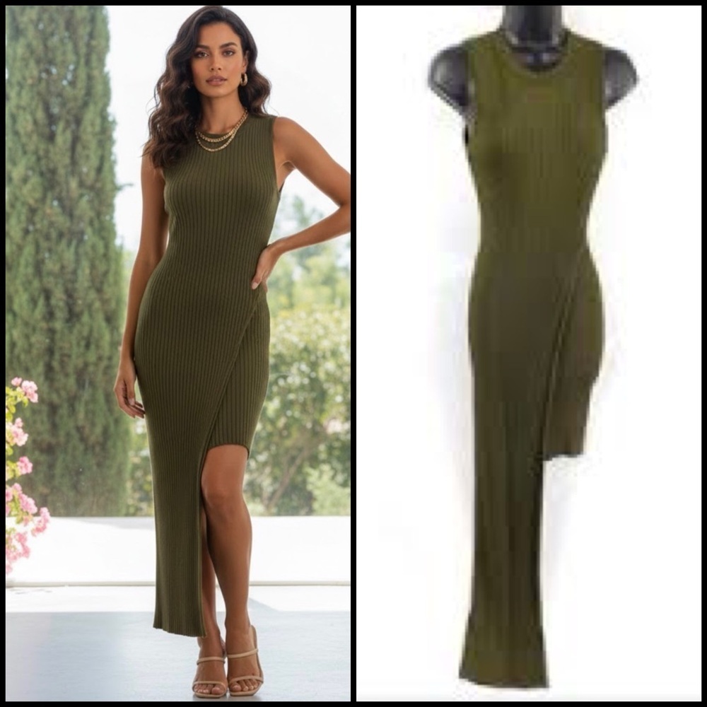 Ronny Kobo Olive Green High Low Overlap Sleeveless Ribbed Coquette Dress S